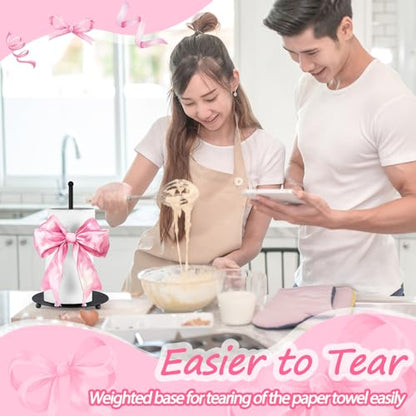 Pink Bow Paper Towel Holder Pink Countertop Kitchen Decor and Accessories Black Metal Farmhouse Large Tissue Stand Gifts for Coquette Party, 3D Hand Painting Pattern, Weighted Base - style: Pink Bow