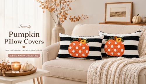 Embroidery Fall Pumpkin Pillow Covers Set of 2(Black & White,12x20) | Soft chenille, black-and-white stripe design, applique pumpkin and sunflower embroidery, hidden zipper, for sofa and bed - size: 20" x 12" (Pack of 2)