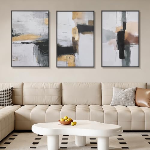 Large Neutral Abstract Wall Art Set of 3 Framed Canvas Prints, 24x36 Inch Modern Beige Black Abstract Paintings with Gold Accents, Minimalist Wall Decor for Living Room Bedroom Dining Room, Metal Frame Ready to Hang - color: Neutral Textures, size: 36"L X