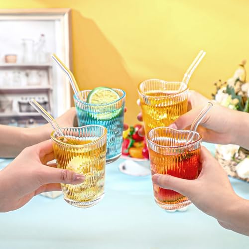 Skylety 6 Sets Heart Shaped Glass Tumbler with Straw Cute Drinking Cup Shot Glass for Juice Beer Cocktail Whiskey Summer Drinkware for Party Home Bar Club Restaurant Supplies, 5 oz(Vertical Stripes) - style: Vertical Stripes