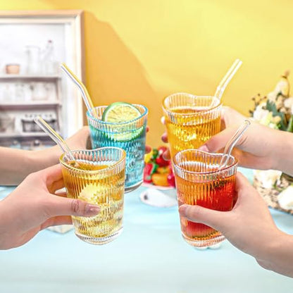 Skylety 6 Sets Heart Shaped Glass Tumbler with Straw Cute Drinking Cup Shot Glass for Juice Beer Cocktail Whiskey Summer Drinkware for Party Home Bar Club Restaurant Supplies, 5 oz(Vertical Stripes) - style: Vertical Stripes