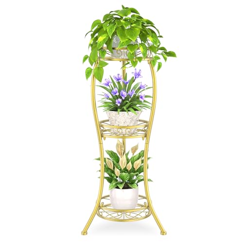 iDavosic.ly 3 Tier Metal Plant Stand Outdoor Indoor, 34 Inch Tall, Gold | Corner Flower Pot Holder Shelf, Wrought Iron Vertical Display Rack for Patio Porch Garden, Heavy Duty, Sturdy, Space Saving - color: Gold, size: 3 Tiers