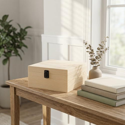 9x9x4 Unfinished Wooden Box with Hinged Lid for DIY Crafts | Natural Poplar Wood, perfect for memory keepsake storage and personalized gift making