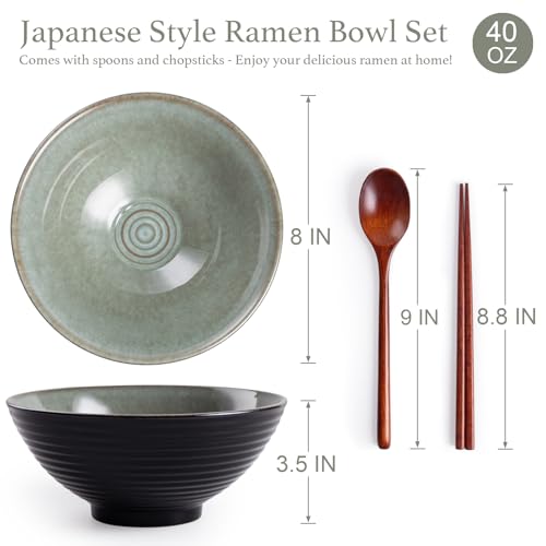 Ceramic Japanese Ramen Bowl Set, 2 Sets Asian Pho Udon Soup Noodle Bowls with Spoons and Chopsticks (Grayish Green, 8 inches) - color: Grayish Green