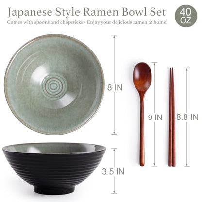 Ceramic Japanese Ramen Bowl Set, 2 Sets Asian Pho Udon Soup Noodle Bowls with Spoons and Chopsticks (Grayish Green, 8 inches) - color: Grayish Green