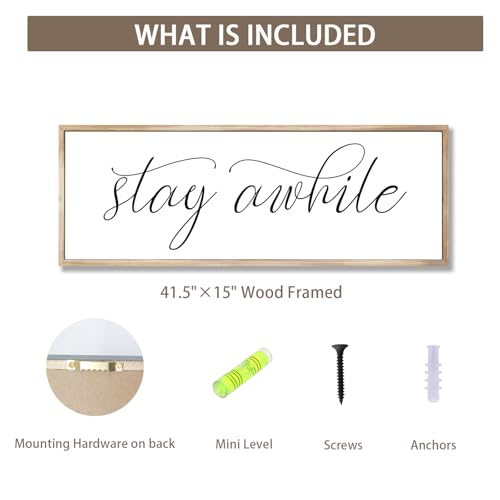 Rutiyoka Stay Awhile Sign Framed Farmhouse Dining Room Wall Decor Large 42"×15" Wood Kitchen Wall Art Brown - color: stay awhile (brown frame)