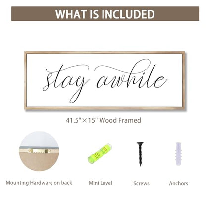 Rutiyoka Stay Awhile Sign Framed Farmhouse Dining Room Wall Decor Large 42"×15" Wood Kitchen Wall Art Brown - color: stay awhile (brown frame)