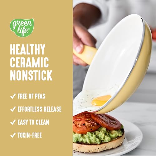 GreenLife 16 Piece Ceramic Nonstick Pots & Pans Cookware Set, Yellow | PFAS-Free Nonstick Coating, Stockpot, Frying Pans, Saucepans, Sauté Pan, Stay-Cool Handles, Dishwasher & Oven Safe up to 350F - color: Yellow, style: Soft Grip