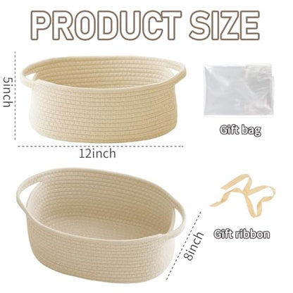 JMvicyroam Small Woven Basket, Empty Gift Basket, Beige/1 Pack | Small Gift Basket, Cotton Rope, 12 x 8 x 9 in, Handles, Includes Ribbon and Bag, Birthday Gift Basket - color: Beige, size: 1 Pack