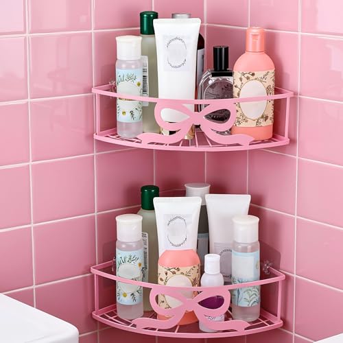 2 Pcs Pink Corner Shower Caddy Pink Bow Shower Shelves Organizer No Drilling Coquette Corner Caddy with 5 Adhesive Hooks Preppy Wall Mounted Decor Shelves for Bathroom Kitchen Bedroom Dorm - style: Bow