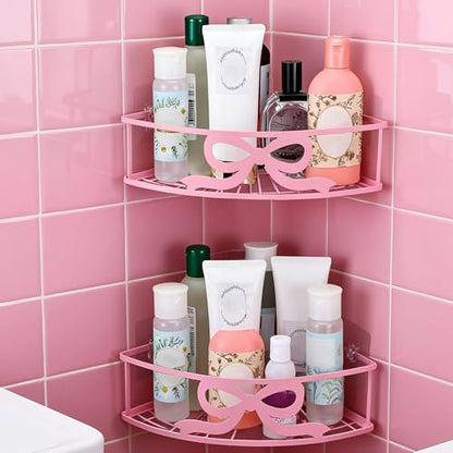 2 Pcs Pink Corner Shower Caddy Pink Bow Shower Shelves Organizer No Drilling Coquette Corner Caddy with 5 Adhesive Hooks Preppy Wall Mounted Decor Shelves for Bathroom Kitchen Bedroom Dorm - style: Bow