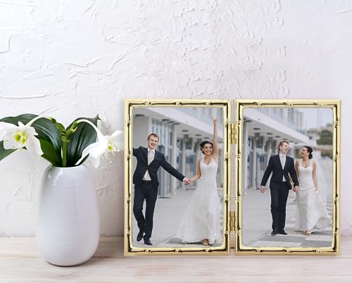 YiPinYin 4x6'' Bamboo Detail Double Photo Frames, Gold Metal Picture 6x4'' Double, Elegant Gold Thin Edge Photo Frames 4 x 6'' With Soft Touch Velvet Backing and Real Glass for Desktop - color: Gold, size: 4x6Inch Double