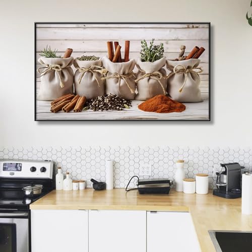 Kitchen Canva Wall Art, Spices and Herbs Large Unique Painting Canvas Print, Large Kitchen Canvas Wall Art Decor, Kitchen Canvas Wall Art Decor, Kitchen Pictures Wall Decor, Kitchen Wall Decor (Black Metal Framed, 59"x 33"| 150x84cm) - color: Black Metal