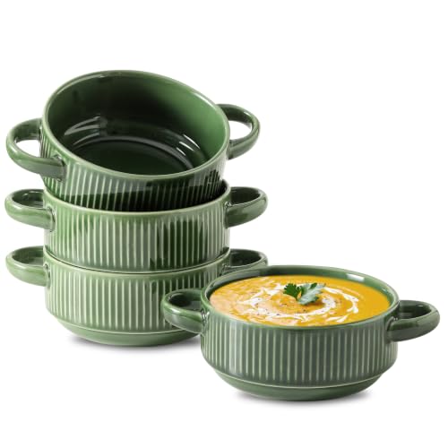 Soup Bowls with Handles, 23 oz French Onion Soup Crocks, Stackable Soup Bowl Oven Safe for Chili, Beef Stew, Embossment Ceramic Bowl Set - 5.4 Inch, Set of 4 (Green) - color: Green