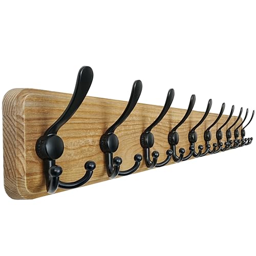 Coat Rack Wall - Heavy-Duty 38-1/4" Long, with Reinforced 10 Custom Tri-Hooks, Solid Wood Wall Hanger for Coats Hat Jackets - Rustic Farmhouse Entryway Hallway Storage, Weathered Brown & Black - color: Weathered Brown & Black, size: L=38.3"