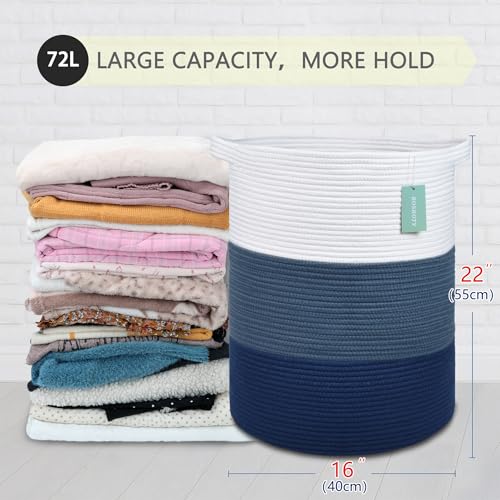 Cotton Rope Blanket Basket, 72L Tall Laundry Hamper, White & Blue | 16"x 22", Large Collapsible Woven Nursery Hamper with Sturdy Handles for Clothes Toys Towels, Bedroom Living Room Bathroom - color: White & Cadet Blue & Navy Blue, size: 72L (16"x22")