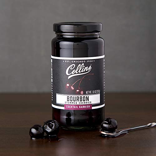 Collins Bourbon Cocktail Cherries - Drinks Garnish for Manhattan or Old Fashioned Cocktails and Desserts, Made with Award Winning Whiskey, 11 Ounce Glass Jar