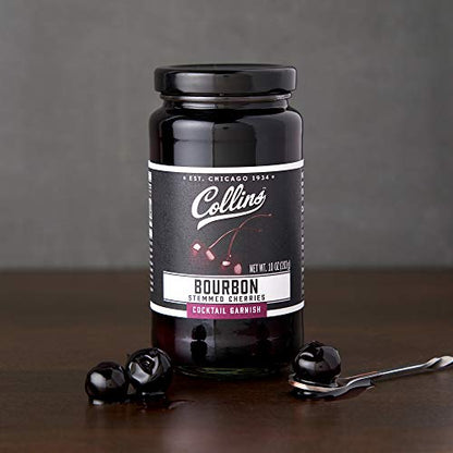 Collins Bourbon Cocktail Cherries - Drinks Garnish for Manhattan or Old Fashioned Cocktails and Desserts, Made with Award Winning Whiskey, 11 Ounce Glass Jar