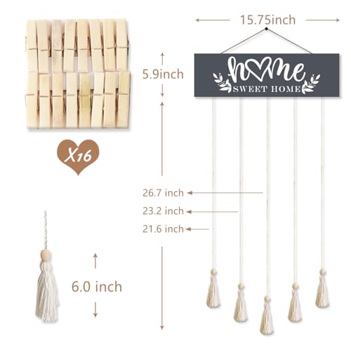 Home Sweet Home Family Hanging Display Board with 16 Clips, Rustic Wood Picture Collage Frame with Tassels Farmhouse Wall Decor - color: Home Sweet Home