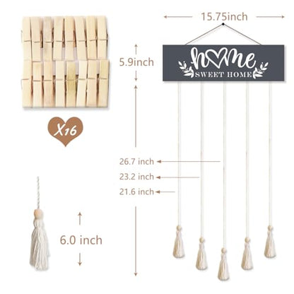Home Sweet Home Family Hanging Display Board with 16 Clips, Rustic Wood Picture Collage Frame with Tassels Farmhouse Wall Decor - color: Home Sweet Home