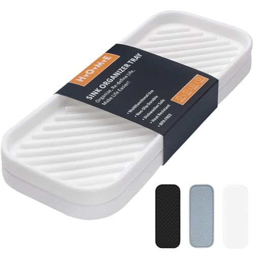 Silicone Organizer Tray, Soap and Sponge Holder for Kitchen Sink, Bathroom - Storage Tray for Dish Brush, Soap Dispenser, Dishwashing Accessories- 2 Pack (White) - color: White, size: 9.2 x 3.6 x 0.5 inches, 2 Pack