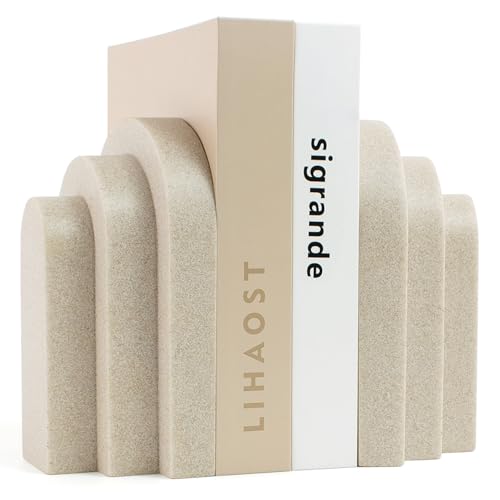 LIN CHUAN Heavy Duty Bookends for Shelves, Set of 2, Sandstone Beige | Book Ends for Heavy Books, Decorative Book Stopper with Faux Sandstone Finish, Layered Arch Design Bookshelf holder, 6.6 lbs - color: Beige