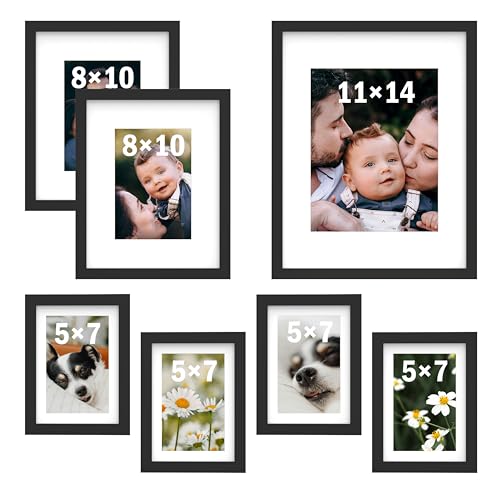 An&He 7 Pack Picture Frames Collage Wall Decor, Gallery Wall Frame Set for Wall or Tabletop Display, Multi Sizes with One 11x14, Two 8x10, and Four 5x7 Photo Frames, Black - color: Black