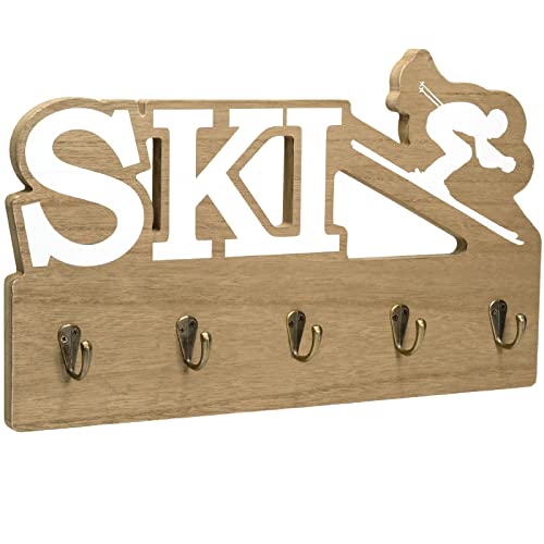 EXCELLO GLOBAL PRODUCTS Rustic Ski Wall Mounted Hanging Entryway Organizer with 4 Hooks. 17" x 10" Use as hat Organizer, Key Holder, Glove Holder. Perfect for Entryway, Kitchen, Bathroom, Hallway - style: SKI