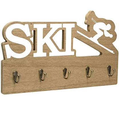 EXCELLO GLOBAL PRODUCTS Rustic Ski Wall Mounted Hanging Entryway Organizer with 4 Hooks. 17" x 10" Use as hat Organizer, Key Holder, Glove Holder. Perfect for Entryway, Kitchen, Bathroom, Hallway - style: SKI