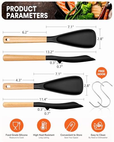 Multifunction Spoon for Nonstick Cookwares, Great for Cooking and Serving, Sturdy BPA-Free Matte Silicone, Wood Handle Spoonula for Mixing, Scoop, and Scrape, Black(2 pack,11.4" & 13.4") - color: Black