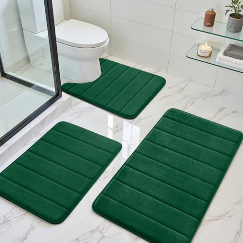BYSURE Dark Green Memory Foam Bathroom Rug Set 3 Piece | Non Slip Extra Soft Absorbent Machine Washable Toilet Bath Toilet Mat 7"x24"+20"x32"+U Shape 20"x24" - color: Dark Green, size: 17"x24"+20"x32"+U Shape 20"x24"
