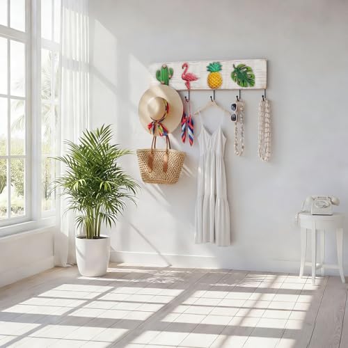 Tropical Coat Rack with 4 Hooks Pineapple Flamingo Cactus Monstera Leaf Wall Mounted Hooks Decor Tropical Theme for Home Entryway Bathroom Hats Keys Towels - style: Flamingos