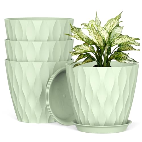 UOUZ 8 Inch Plant Pots, 4 Pack Plastic Planters for Indoor Outdoor with Drainage Holes & Saucers, Waffle Texture Flower Pots for Indoor Plants, Indoor Plant Pots for Monstera, Fiddle Leaf Fig, Green - color: Green, size: 4 pack
