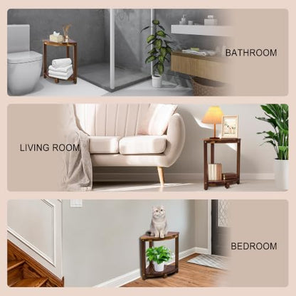 Corner Shelves Shower Caddy Stand, Shower Stool with Storage Shelf, Shower Foot Rest for Shaving Legs,Sturdy Bathroom Organizer for Kitchen, Living Room–Acacia Wood