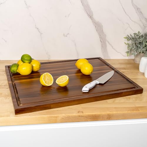 happimess Eldridge Extra Large 24" x 18" Acacia Cutting Board, Brown | Handcrafted, 1 Inch Thick, Reversible Design, Juice Grooves, Authentic Wood Grain, Rectangular, Farmhouse Style - color: Brown, size: 24"L x 18"W