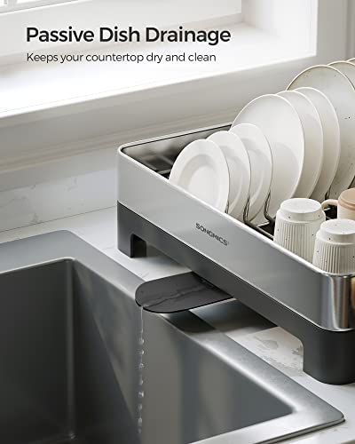 SONGMICS Dish Drying Rack, Premium Stainless Steel Dish Rack with Rotatable Spout, Fingerprint-Resistant Dish Drainers for Kitchen Counter, 12.5 x 22.5 in, Silver and Black UKCS030B01 - color: Silver + Black, size: 12.5"D x 22.5"W x 9.7"H