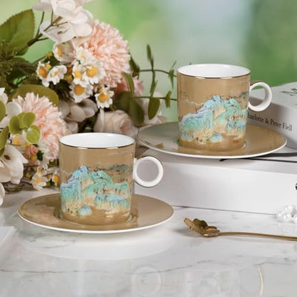 KAMMAK Tea Cups and Saucers Set of 2, Porcelain Coffee Cups, JBE008 | Stackable Espresso Mugs, Ceramic Demitasse for Coffee, Cappuccino, Latte, Americano, Tea - size: 8CZJBE008