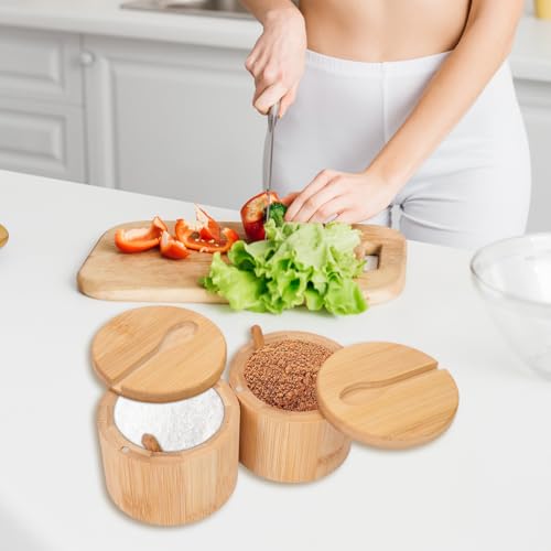 2Pcs Salt Cellar, 6 oz Round Salt Container with Lid and Spoon | Wooden Salt Container, Salt and Pepper Bowls Storage Holder Box, Seasoning Storage Bowl for Countertop Spice Sugar (Style1)