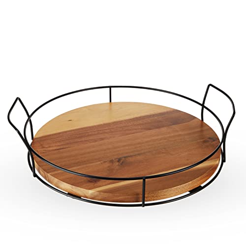Twine Acacia Wood Cocktail Tray, Outdoor Entertaining, Easy Carry Handles, Removable Frame, Drink and Appetizer Tray, Set of 1 - style: Modern Round