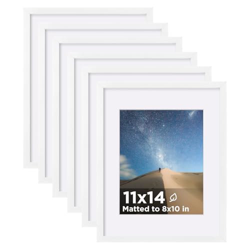 11x14 Picture Frame White Set of 6 Photo Frames Matted 8x10 | 11 x 14 Wooden Picture Frame with Plexiglass Fits 8x10 with Mat or 11x14 without Mat for Table and Wall Display - color: White, size: 11x14