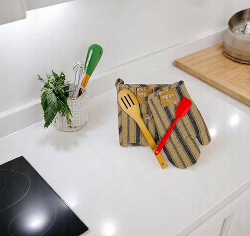 Decorative Kitchen Pot Holders Black Beige Ginham Striped 2 pc Set: (1) Oven Mitt and One (1) Pot Holder