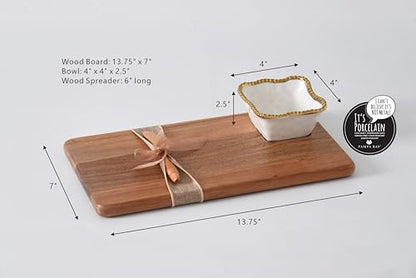 Pampa Bay Acacia Charcuterie Board with Porcelain White & Gold Dipping Bowl and Wood Spreader - color: White and Gold