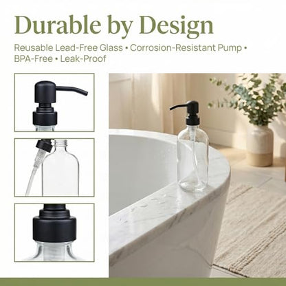 4 Pack Glass Soap Dispenser with Matte Black Stainless Steel Pump, 16 Oz Clear Boston Round Bottles Bathroom Kitchen Soap Dispenser for Essential Oil, Dish Soap, Hand Soap, Lotion Soap