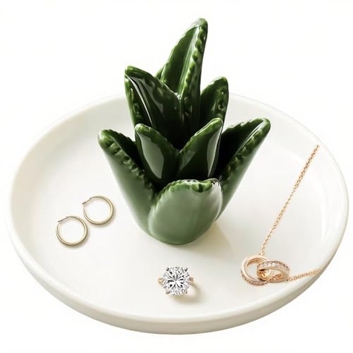 Aloe Ceramic Jewelry Tray, Ring Dish & Trinket Holder - Boho Room & Bathroom Decor for Women, Cute Desk Organizer - Gift for Her, Mom, Sister, Best Friend, Christmas, Birthday - color: Aloe