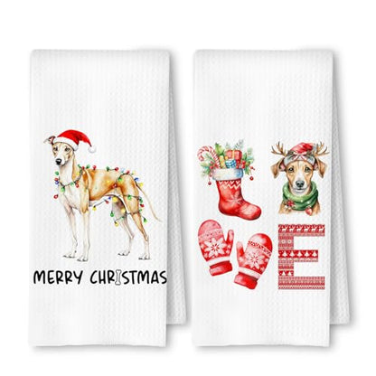 Christmas Whippet Kitchen Dish Towels 2 Pack - Whippet Dog Lover Gift, Waffle Weave Christmas Hand & Tea Towels for Kitchen Bathroom, 16x24 Inches - color: Whippet Christmas