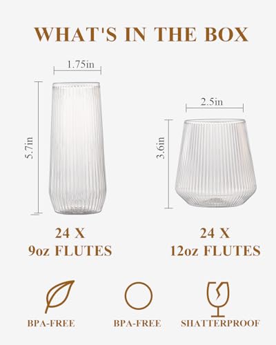 BESTSTAR 48 Pack Clear Disposable Ribbed Origami Ripple Plastic Glasses Set | 24 9OZ Stemless Champagne Flutes & 24 12OZ Cups, BPA-Free Shatterproof Clear Drinkware for Weddings, Parties & Events - color: Clear Ribbed