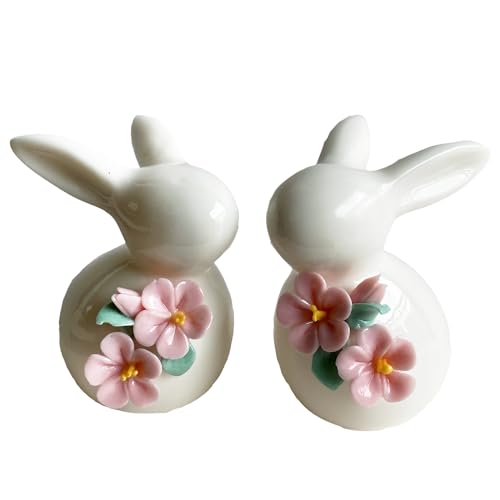 Set of Mini Ceramic Rabbit Figurines, Porcelain Easter Bunny Decorations for Home, Tabletop Ornament, Tea Ceremony Pet (2-Flower)