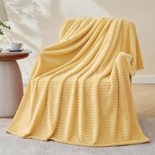 Bnuitland Light Yellow Fleece Throw Blanket for Couch, 300GSM Soft Warm Cozy Fluffy Throw for Adults & Kids, Stripe Pattern 50"x70", All Season Sofa Bed Blanket for Home Decor - color: Light Yellow, size: 50x70 Inch