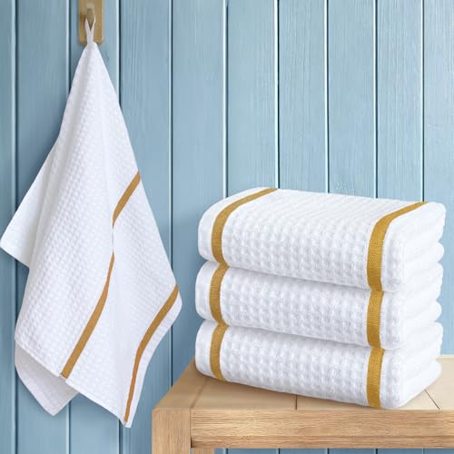 VOOVA & MOVAS Waffle Weave Kitchen Towels 4PC 16"x26", 100% Cotton | Soft, High Water Absorption, Daily Usable, White Checkered Surface with Yellow Stripe, Exquisite Kitchen Decor - color: White + Yellow, size: 4PC Hand Towels