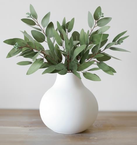 Carrot's Den Small White Ceramic Round Vase for Greenery, Short Modern | Low silhouette for a coffee table, entryway console, or bathroom shelf. Works as a centerpiece or decorative object.